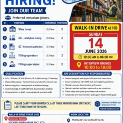 Vickro Biopharma walk ins for Experienced in Warehouse, Quality Control, and Filling Operations on 14th June 2026