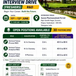 Aurore Life Sciences – Walk-In Drive for Freshers from 11th – 13th June 2026