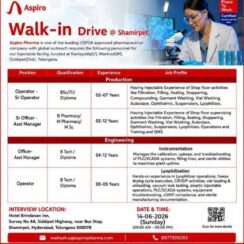 Aspiro Pharma – Walk-In Interviews for Production / Engineering Departments on 14th June’ 2026