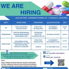 Aurobindo Pharma Walk-in Drive for QA, Engineering and Production Departments