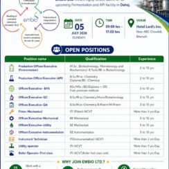 Embio Ltd Dahej Walk In Interview on 05 July 2026 for Production, QA, QC, EHS, Mechanical, Utility and Instrumentation Departments