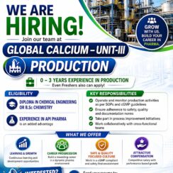 Global Calcium Production Jobs for Freshers and experienced Diploma Chemical Engineering and B.Sc. Chemistry candidates