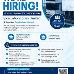Ipca Laboratories Limited Hiring for Quality Control Department in Gandhidham Gujarat