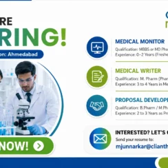 Cliantha Research Hiring 2026 | Medical Monitor, Medical Writer, Proposal Developer | Ahmedabad | 0-4 Years