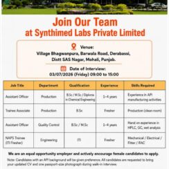 Synthimed Labs Walk-In Derabassi | API Production, QC, Engineering Jobs | Freshers & Experienced | 3rd July 2026