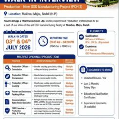 Akums Drugs Walk In Interview for Production OSD Department