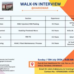 Akums Walk-In Interview on 12th July 2026 for Production, Quality Control, Store & Engineering Departments