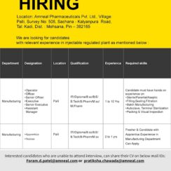 Amneal Pharmaceuticals Manufacturing Jobs in Mehsana Gujarat