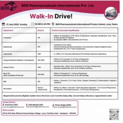 BDR Pharmaceuticals Walk-In Interview on 12th July 2026 for Production, Engineering, QC, R&D and HR Departments