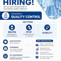 Bliss GVS Quality Control Jobs for M.Pharm and B.Pharm Professionals
