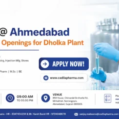Cadila Pharmaceuticals Walk-in Interview for Multiple Openings at Dholka Plant | Engineering, Production, Packing & Stores Jobs on 12 July 2026 (Sunday)