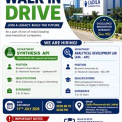 Cadila Pharmaceuticals Walk In 2026 | API Synthesis ADL API Jobs | Ahmedabad | M.Sc Chemistry | 11 July