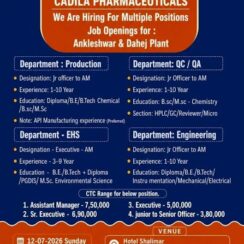 Cadila Pharmaceuticals Walk In Interview for Production, QA, QC, Engineering and EHS Departments at Ankleshwar and Dahej .