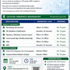 Centaur Pharmaceuticals Walk In Interview for QA, QC, IPQA, QMS and Analyst Departments in Maharashtra.