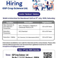 GSP Crop Science Walk-In Interview for Production & Safety Jobs in Vadodara