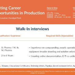 Gland Pharma Production Chemist and Executive Walk In Interview Hyderabad