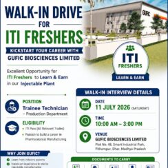 Gufic Biosciences ITI Fresher Jobs 2026 | Production Trainee Technician | Pithampur MP | Walk In 11 July