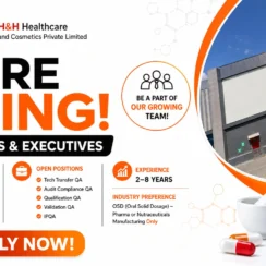 H&H Healthcare QA Jobs Pithampur 2026: Officers & Executives Openings