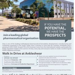 Intas Pharmaceuticals Walk-In Interview for Production API Officer and Senior Officer Jobs at Ankleshwar