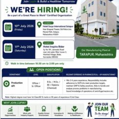 Lupin Walk in Interview on 10th & 11th July 2026 for Production Department