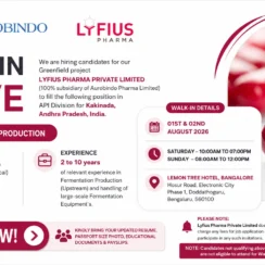 Lyfius Pharma (Aurobindo) Walk-In Drive | Fermentation Production Jobs on 01st & 02nd August 2026 (Saturday & Sunday)