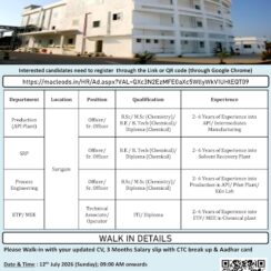 Macleods Pharmaceuticals Walk-In Drive on 12th July 2026 for API Production and Process Engineering Departments in Sarigam, Gujarat