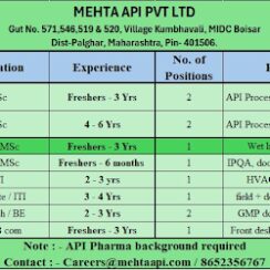 Mehta API Pvt Ltd Hiring for R&D, QA, Engineering, Maintenance and Administration Jobs in Maharashtra