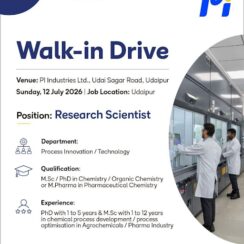 PI Industries Walk-In Drive for Research Scientist in Process Innovation & Technology Department.