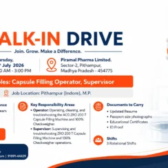 Piramal Pharma Solutions Walk-In Drive: Operator & Supervisor Jobs in Pithampur on Thursday, 16th July 2026