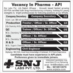 SNJ Labs Pvt. Ltd. Hiring for Production, QC, ADL, R&D and Engineering Departments in Gujarat