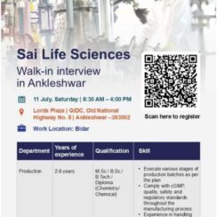 Sai Life Sciences Walk In Interview in Ankleshwar for Production Departments