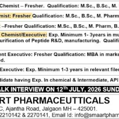 Smaart Pharmaceuticals Walk-In Interview for Production, Peptide, QC, QA & Business Development Jobs