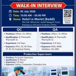 Sun Pharma Walk-In Interview for QC, QA and Production Supervisor Positions.