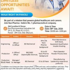 Sun Pharma Panoli Walk-In Drive 2026 | Engineering Production Block Head | 08 July | Panoli Gujarat
