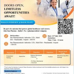 Sun Pharma Halol Plant Walk in Interview for Freshers