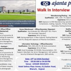 Ajanta Pharma Walk In Interview Bharuch for Production, Quality, Engineering, IT and Warehouse Jobs