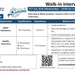 Biophore Walk In Interview Hyderabad for AR&D Validation and Quality Assurance Departments