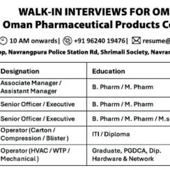 Oman Pharmaceutical Walk-In Interview on 12th July 2026 for Production, QA, R&D and Engineering Professionals