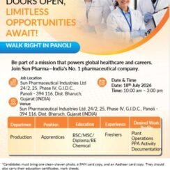 Sun Pharma Panoli Walk In Interview 2026: Production Apprentice Jobs